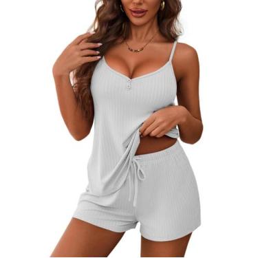 Imagem de Conjunto de pijama feminino Ekouaer, sem mangas, decote em V, cinza cl