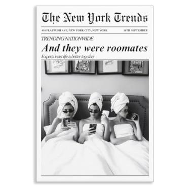 Imagem de Arte de parede em tela de jornal, citação engraçada And They Were Roommates Aesthetic, decoração de parede de banheiro feminino preto e branco, vintage elegante glamourosa meninas na cama quarto