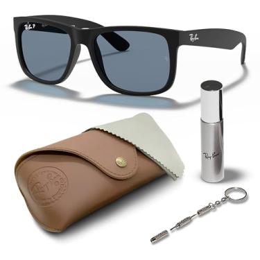 Imagem de Ray-Ban RB4165 JUSTIN COLOR MIX Óculos de sol quadrados para homens e mulheres com kit oficial de óculos RAYBAN, Armação preta de borracha fosca | Lente espelhada azul polarizada, 55 mm