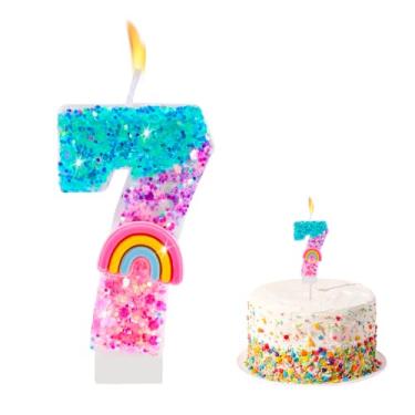 Imagem de Velas com números de aniversário arco-íris para bolos, números de lantejoulas, 7 velas, enfeite de bolo, decorações de cupcake, suprimentos de festa com tema de arco-íris colorido, presentes de