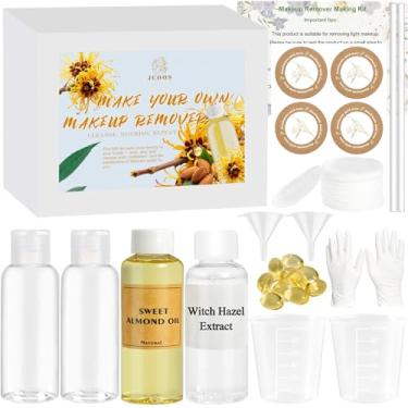 Imagem de JCOOS Kit de remoção de maquiagem, removedor de maquiagem DIY para rosto, lábios e olhos, faça seu próprio líquido removedor de maquiagem com óleo de amêndoa doce, vitamina E, almofadas de algodão