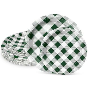 Imagem de LIKAJON 50 peças de pratos de papel xadrez verde escuro e branco, 25 peças de 23 cm e 25 peças de 18 cm descartáveis verde escuro pratos de sobremesa para formatura, casamento, chá de bebê, festa de