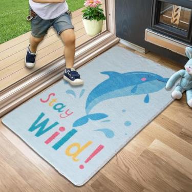 Imagem de Tapete infantil lavável 5 x 7 cm - Tapete de cozinha com estampa de golfinho corredor azul macio tapete antiderrapante para banheiro, sala de estar, quarto (6 x 3 m)