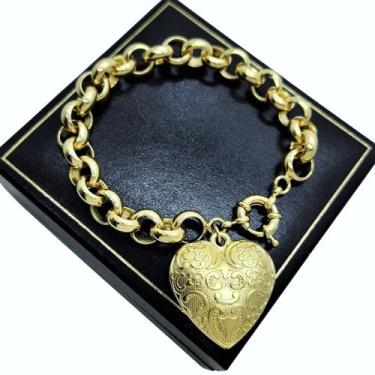 Imagem de Pulseira Elos Portugueses 11mm Coração Desenhado Banho De Ouro 18k 179