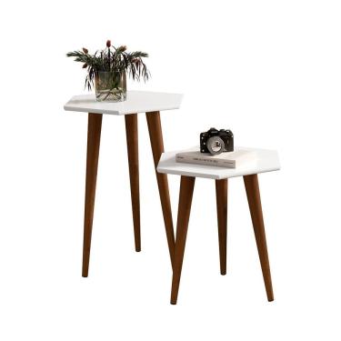 Imagem de Mesas Lateral Tampo Sextavado Pés Palito Retrô Branco - 2 Un