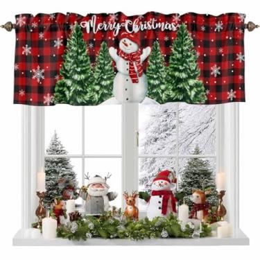 Imagem de Cortina de Natal para janelas boneco de neve com haste de árvore de Natal, sanefa, tratamentos de janela, buffalo, vermelho, xadrez, cortinas curtas para cozinha, janelas, banheiro, quarto, 137 x 45