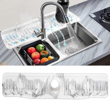 Imagem de Daily Treasures Protetor de pia 60 x 15 cm mais longo com design marmorizado, tapete de torneira de silicone de inclinação de 10° para cozinha, tapete de torneira de banheiro dobrável, tapete arrumado