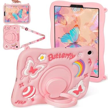 Imagem de Capa para Samsung Galaxy Tab A9 22.1 cm (SM-X110/X115/X117) linda capa de borboleta rosa feminina menina criança 3D alça giratória suporte e alça de ombro silicone macio para tablet Samsung A9 Plus