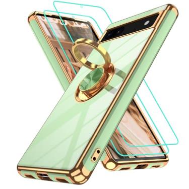 Imagem de Gritup Capa para Google Pixel 6A com 2 peças de protetor de tela | Suporte magnético de rotação de 360° | Revestimento dourado macio TPU protetor básico para Pixel 6A verde ervilha