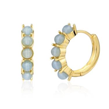 Imagem de TaYolnFaSo Brincos delicados de argola de pérola de pedra natural banhado a ouro real 14k 18 mm brinco de argola redonda de cobre água-marinha/turquesa/pérola presente ou feminino, Banhado a ouro 14k