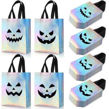 Imagem de Paterr 24 sacos iridescentes de doces ou travessuras holográficas de abóbora para doces de abóbora reutilizáveis sacos de presente não tecidos para lembrancinhas de festa de Halloween, 20 x 10 x 25 cm