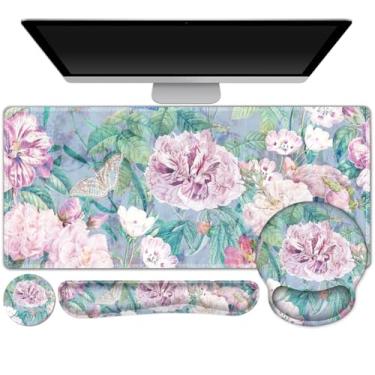 Imagem de ARTSO Mouse pad grande e descanso de pulso para teclado, tapete de mesa para teclado e mouse, mouse pad grande 4 em 1 com suporte de pulso, tapete de mesa para jogos de escritório em casa, flores