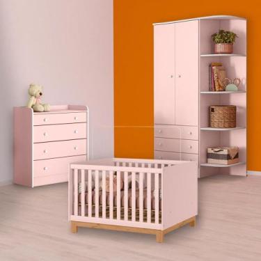 Imagem de Berço Mini Cama Slim, Cômoda Trocador e Guarda Roupa Rosa - Qmovi