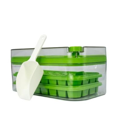 Imagem de Forma de Gelo 64 Cubos Camada Dupla com Tampa, Bandeja, Recipiente e Colher Inclusa – 2 Formas Empilháveis, Fácil Liberação, Livre de BPA, Verde, Ideal para Freezer, Coquetéis, Drinks, Café