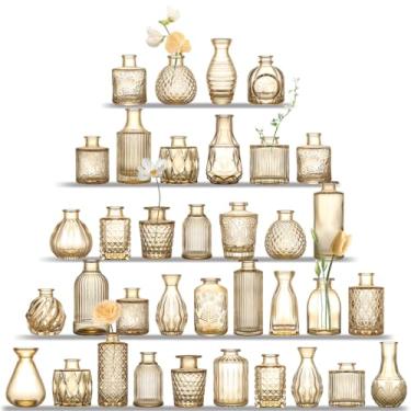 Imagem de UPBUD Conjunto de 36 vasos de vidro âmbar, mini vaso de flores para centros de mesa, pequenos vasos transparentes a granel para decorações de casamento, vaso vintage para mesa, recepção, decoração de