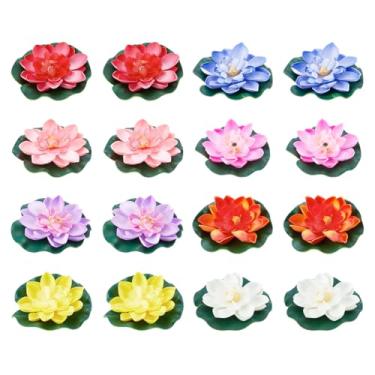 Imagem de SUPERFINDINGS 16 peças, 8 cores, artificial, flor de lótus, ornamentos de almofada de lírio aquático, flores de lótus, ornamentos de plantas de lago de plástico para casa, jardim, lagoa, piscinas