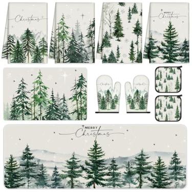 Imagem de Conjunto de 10 peças de toalhas de prato de cozinha de árvore de Natal tapetes luvas de forno e suportes de panela conjunto de decoração de cozinha de fazenda para mulheres mãe filha presente cozinhar