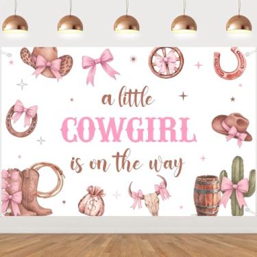 Imagem de Balterever Faixa a Little Cowgirl is on The Way 1,5 x 2,1 m, laço de vaqueira rosa, decorações de chá de bebê, botas e laços, artigos de festa para rodeio do oeste selvagem, suprimentos de chá de bebê