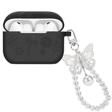 Imagem de Capa de silicone compatível com AirPods Pro 3 geração 2025 com chaveiro borboleta, capa protetora com design de flor gravada para mulheres, capa macia de TPU (poliuretano termoplástico) à prova de