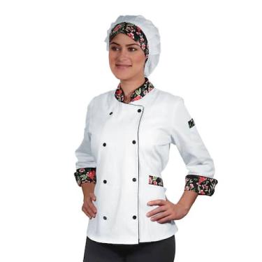 Imagem de Dólmã Para Chef De Cozinha Feminina Acinturada Floral Rosas 100% Algod