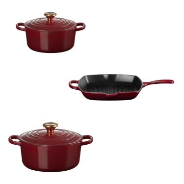 Imagem de KIT LE CREUSET 2 PANELAS REDONDAS 20 E 24CM GRELHA QUADRADA 26CM EM FERRO ESMALTADO VERMELHO RHONE