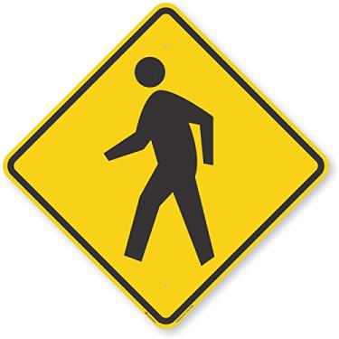 Imagem de SmartSign MUTCD # W11-2 Placa de alumínio refletiva de grau diamante fluorescente, "Pedestrian Crossing" com gráfico, 76 cm em um lado, preto em amarelo fluorescente verde