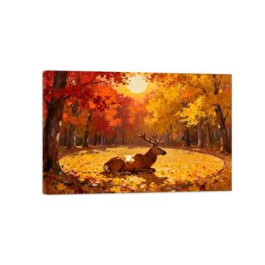Imagem de Quadro parede outono-Árvore floresta sol veado Impressões em tela paisagens-Pintura animais para decoração sala estar 20x30cm Tela Embrulhada