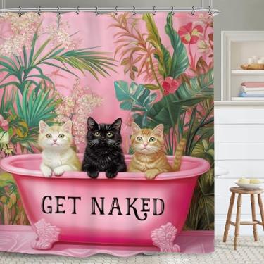 Imagem de Yookeb Cortina de chuveiro vintage engraçada para banheiro de gato 152 cm por 188 cm Animal Hilário rosa choque tropical palmeira Get Naked tecido de poliéster 12 ganchos de plástico à prova d'água