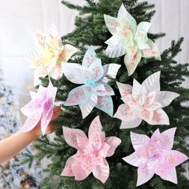 Imagem de Soulchen 12 peças de flores de poinsétia de Natal pastel com hastes 24 cm de poinsétia pastel artificial, enfeites de árvore de Natal, enfeite de árvore de macaroon para decoração de festa de Natal