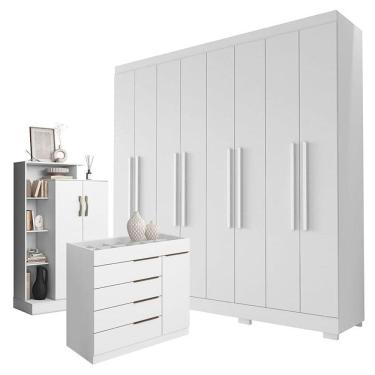 Imagem de Guarda Roupa Casal Porto 8 Portas 4 Gavetas com Cômoda Sapateira Sevilha e Armário Multiuso Florença Branco Brilho - Aramóveis
