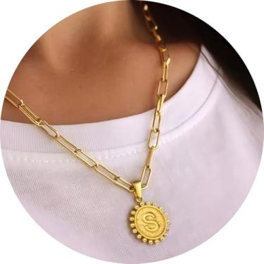 Imagem de Colar com pingente circular inicial A-Z, joia personalizada de aço inoxidável com bordas decorativas, adequado para mulheres, F, Aço inoxidável, Sem Pedra Preciosa