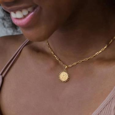 Imagem de Colar personalizado banhado a ouro com inicial A-Z elegante pingente de alfabeto joia presente para formatura, F, Aço inoxidável, Sem Pedra Preciosa