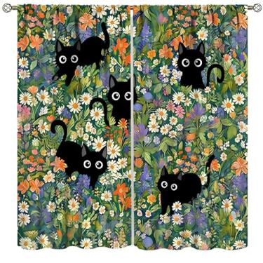 Imagem de Cortinas de gato, aquarela, preto, floral, jardim, plantas verdes, lindas cortinas para quarto, sala de estar, cozinha, janela, tratamento de 2 painéis, conjunto de 2 painéis, tamanho total 107 cm L x
