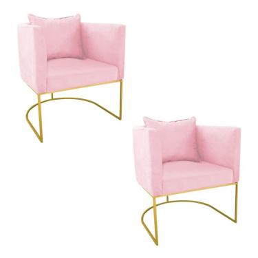Imagem de Kit 02 Poltronas Paola Suede Rosa Bebê Base Dourado D´rossi