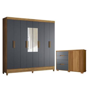 Imagem de Guarda Roupa Casal Marajó Com Espelho E Cômoda Texas Freijó Cinza - Moval