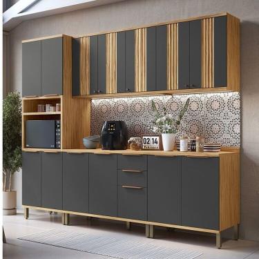 Imagem de Cozinha Modulada Completa 5 Peças 13 Portas E Tampo 270cm 100% Mdf Noruega Canelada Espresso Móveis Amêndoa-chumbo