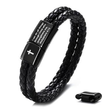 Imagem de FEEL STYLE Pulseira masculina de couro com versículo da Bíblia - Pulseira de cruz de pedra vulcânica para homens - Pulseira de couro trançado de equilíbrio de cura - Joias de presente de formatura