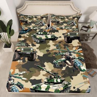 Imagem de Jogo de lençol solteiro com tema de guerra, avião, avião, helicópteros, tanques do exército, decoração de quarto de meninos e homens, capa de cama verde retrô, camuflagem verde, 1 fronha (sem lençol