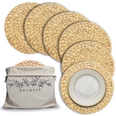 Imagem de Jogo americano redondo de tecido, conjunto de 6 (35,5 cm) – tapetes de mesa de jacinto de água tecidos à mão com saco de juta reutilizável, decoração de jantar boho de fazenda, carregadores de vime