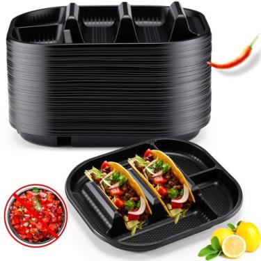 Imagem de Baderke Pacote com 40 pratos descartáveis de taco, placas de suporte de taco de PP com 2 divisórias para conchas macias e duras para terça-feira, festas, piqueniques, seguro para micro-ondas