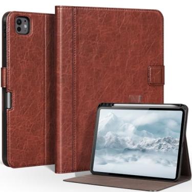 Imagem de CPNVWA Capa de couro genuíno para iPad Pro de 11 polegadas (M4) 2024, fólio de couro de flor integral com suporte para Apple Pencil, despertar/hibernar automaticamente, suporte ajustável, fecho