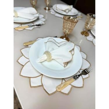 Imagem de Conjunto de 12 jogos americanos estilo americano Jogos americanos para uma mesa de jantar para 6 pessoas Arranjo de mesa Guardanapos redondos Mesa de jantar(Girassol branco-dourado)