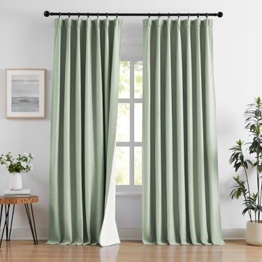Imagem de Cortinas blackout plissadas com 274 cm de comprimento e linho verde mesclado blackout para sala de estar, quarto, isolamento térmico, cortinas plissadas com ganchos e anéis, 101,6 cm L x 2,5 cm C x 5