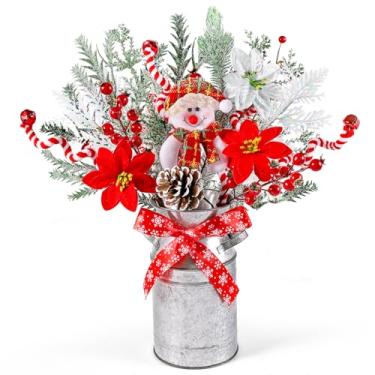 Imagem de Vaso de metal rústico para casa de fazenda de 38 cm de altura com poinsétia artificial, boneco de neve, agulha de pinheiro, cedro, baga, pinha, decoração floral de Natal para mesa de jantar e cornija