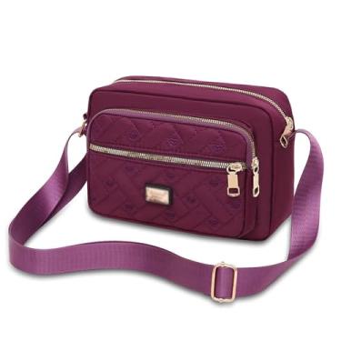 Imagem de Bolsa carteiro feminina de tecido Oxford com vários zíperes, bolsa carteiro moderna com estampa bordada de grande capacidade, Roxa, 5 x 5 x 1 cm, Roxo