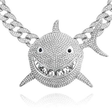 Imagem de ICEDTAG Conjunto de joias com pingente de luxo banhado a ouro branco 14 k Full Icy Iced Big Shark Big Celebrity Big Shark e elos cubanos de 45 a 61 cm, Extra Large, Zinco, Zircônia cúbica