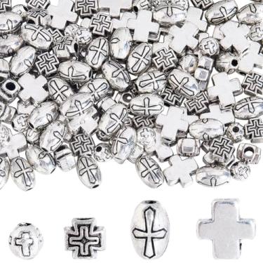 Imagem de SUNNYCLUE 1 caixa, 160 peças, 4 estilos de contas em forma de cruz, berloque de cruz redonda tibetana antiga liga de prata metálica crucifixo de páscoa para fabricação de joias, brincos, colares