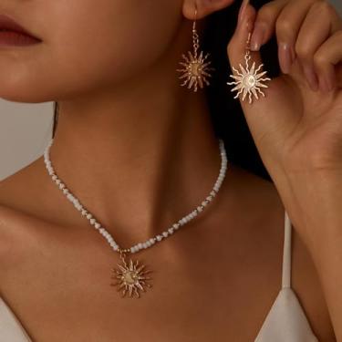 Imagem de Conjunto de joias de sol e lua para mulheres, colar com pingente de contas brancas e brincos pendentes, conjunto boho vintage celestial dourado, joia de astrologia romântica presente para festas e uso