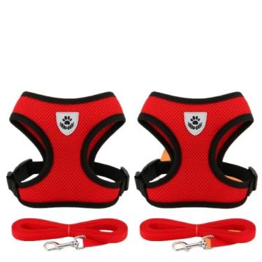 Imagem de Coleira de Malha Flexível com Colete Peitoral Ajustável para Cão Cachorro Gato Animais (2 unidades - Vermelha,GG)