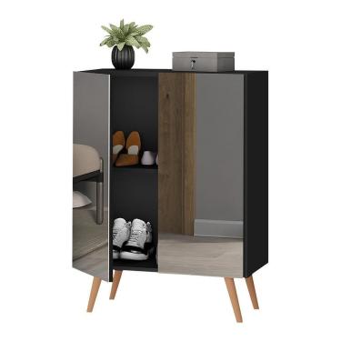 Imagem de Sapateira 2 Portas Retrô Com Espelho Nina Multimóveis V6012 Preta/Natural Preto/Natural